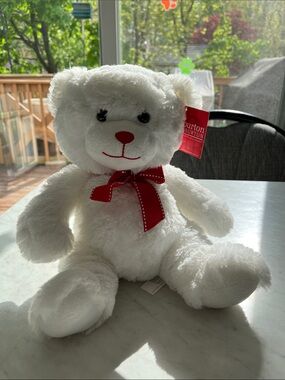 Teddy Bear - New - White with Red Bow